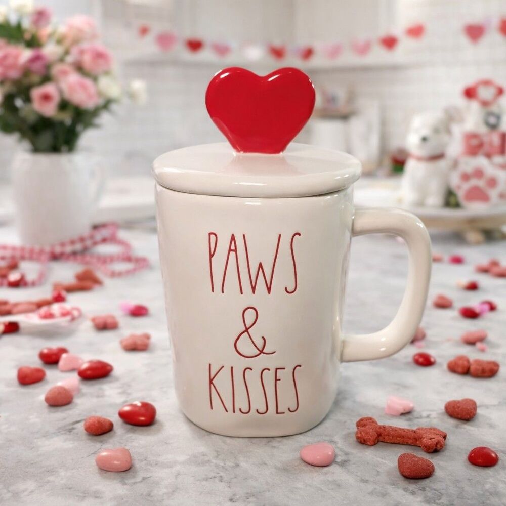 Rae Dunn “PAWS & KISSES” Valentine Mug w/ Red Heart Lid Dog Lover Coffee Cup LL
